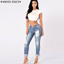 Женские винтажные джинсы с дырками MIND FEET, повседневные длинные синие брюки-карандаш размера плюс, Прямые рваные брюки для девочек 2024 - купить недорого
