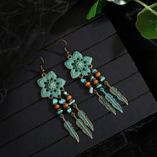 Étnico esculpida flor & folhas tassel verdigris dangle brincos para mulher boho contas de madeira brincos de verão oorbellen hqe963 2024 - compre barato