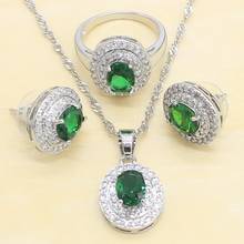 Oval verde pedra prata cor conjuntos de jóias para as mulheres brincos de parafuso prisioneiro colar pingente anéis caixa de presente livre 2024 - compre barato