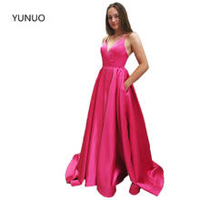 YUNUO robe de soiree Sleeveless Hot Pink Evening Dresses V Neck Pockets A-line Satin Formal Party Prom Dress Pageant Gowns 2024 - buy cheap