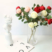 Flores artificiais de rosa 3 cabeças, 10 embutidas de tecido para parede de flores, fundo de casamento, decoração para casa, buquê de flores 2024 - compre barato