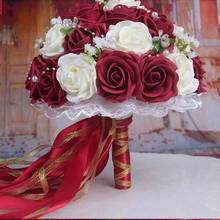 Burgundy Red Bouques Bridal Bridesma   Artificial Rose Flowers Pearls Bride Bridal Lace Accents Wedding Bouquets with Ribbon 2024 - buy cheap