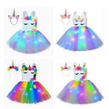 Vestido de unicórnio para meninas, fantasia de princesa tutu com luzes de led, vestidos de festa floral, de aniversário, cosplay 2024 - compre barato