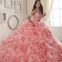 Розовые дешевые бальные платья Quinceanera, овальное платье из органзы, украшенное бисером, из двух частей, пышные милые платья 16 2024 - купить недорого