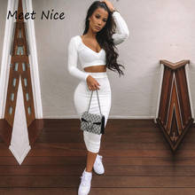 2 Two Piece Set Women 2022 V-neck Crop Tops Skirt Sexy Long Sleeve Casual Short Top Clubwear Women's Sets conjunto feminino 2024 - buy cheap