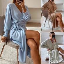 2021 Sexy Women Autumn Winter Solid Color Long Sleeve Knitted Wrap Belt Dress Maxi Robe Women's Clothing 2024 - buy cheap