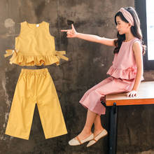 Conjuntos de roupas de verão para meninas, 2 peças, colete com laço + calças de pernas largas, roupas para meninas de 3 4 6 8 10 12 14 anos 2024 - compre barato