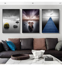 Espectacular Estilo negro, paisaje de lago, Puente azul, barco de piedra amarilla, lienzo decorativo moderno, Póster Artístico de pared para decoración de habitación de hotel 2024 - compra barato