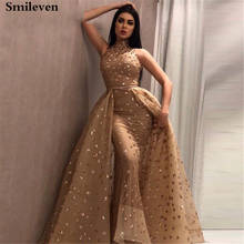 Smileven Gold Mermaid Formal Evening Dress High Neck Sequin Lace Prom Party Gown robe de soiree With Detachable Train 2024 - buy cheap