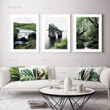 Paisagem verde nórdico faroe cliff pintura da lona floresta mística cachoeira posters impressões arte da parede fotos quarto decoração casa 2024 - compre barato