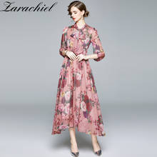 Runway Fall Chiffon Dress Women Bow Neck Three Quarter Sleeve Flower Print Pleated Long Dresses Vestidos Bohemian Floral Robe 2024 - buy cheap