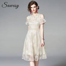 Fora do ombro floral crochê renda elegante vestidos femininos verão manga curta midi vestido fora branco 2024 - compre barato