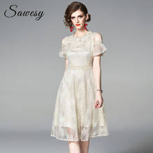 Off Shoulder Floral Crochet Lace Elegant Dresses Women Summer Short Sleeve Midi Dress Off White 2024 - buy cheap