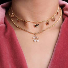 Doce pingente de borboleta cereja cristal, moda feminina colar multicamadas cor dourada conjunto de jóias presentes 2024 - compre barato