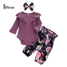 Imcute 3PCS Infant Baby Girl Clothes Long Sleeve Crew Neck Ruffle Bodysuits+ Floral Pants + Bow Headband Outfits Set 0-24M 2024 - buy cheap