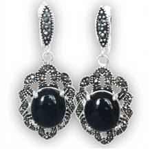 Hot Sell Natural Black Natural jade Chunky Gems 925 Silver & Marcasite Earrings 11/2" 2024 - buy cheap