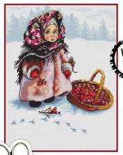 hh WUYU Lovely Counted Cross Stitch Kit Russian Winter Girl Child and Cherry Red Fruits in Snowy Day 2024 - buy cheap