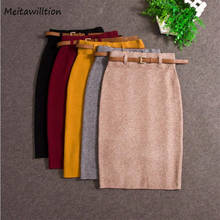 New Autumn Women Knitted Pencil Skirt 2020 Sexy Bodycon Slim Solid High Waist Skirt With Belt Korean Office Midi Skirts 2024 - buy cheap