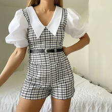 rdm Elegant Tweed Frayed Trim Doll Collar Houndstooth Playsuit Women2021 Puff Sleeve Patchwork Belt Pockets Vintage Femme Romper 2024 - buy cheap