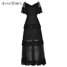 Janeyiren New Fashion Runway Summer Sexy Black Dress Women V-neck Backless Mesh Dots Print Lace Patchwork Elegant Party Dress 2024 - buy cheap