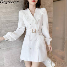 Temperament OL Short White Tweed Dress 2020 Autumn New Lace Trim Notched Double breasted Lantern Sleeve Blazer Dresses Women 2024 - buy cheap