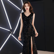 Vestido de noite com lantejoulas e gola em v, vestido tradicional chinês qi pao oriental, vestido longo para festa, preto e elegante 2024 - compre barato