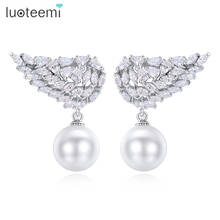 LUOTEEMI-pendientes de tuerca de ala con perla blanca para mujer, pendientes de circonia cúbica, regalos 2024 - compra barato