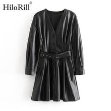 HiloRill Women PU Faux Leather Mini Dress V Neck Long Sleeve Streetwear Dresses Casual Sashes A Line Black Party Dress Vestidos 2024 - buy cheap