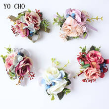 YO CHO Wedding Rose Flower Groom Boutonniere Brooch Bridal Wrist Corsages DIY Silk Hand Flowers Blue Berries Baby's Breath White 2024 - buy cheap