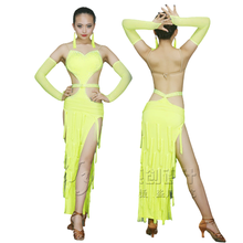 Новое Женское Платье для латинских танцев, танцевальные костюмы со стразами, флуоресцентные зеленые танцевальные платья для латинских танцев 2024 - купить недорого