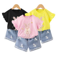 Новинка 2021 года, комплект одежды для девочек, летняя хлопковая футболка с короткими рукавами и кроликом + штаны костюм из 2 предметов детская одежда для малышей, От 1 до 4 лет 2024 - купить недорого