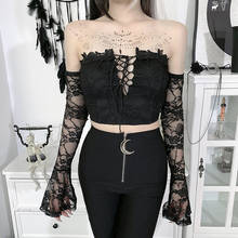 Goth  T-shirts Mall Goth Aesthetic Sexy Off Shoulder Lace Up T Shirt Women Backless See Through Long Sleeve Corset Top 2024 - buy cheap