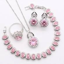 Conjunto de joias dandroid para mulheres, prata 925, zircônia rosa, cristal branco, colar, brincos, pingente de anel, pulseiras para casamento 2024 - compre barato