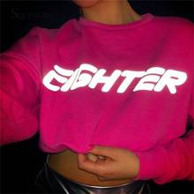 Neon Reflective Letter Print Oversized Crop Sweatshirt Women Gothic Long Sleeve Korean Pullover Fall Harajuku Pink Black Clothes 2024 - buy cheap