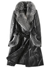 genuine women's long winter sheepskin jacket, leather coat with fox fur collar, duck down jackets 2024 - buy cheap