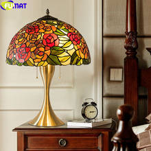 FUMAT Tiffany Style Red Rose Bouquet Table Lamp Plum Blossom Blue Desk Light Gold Alloy Frame Stained Glass Home 3D Art Romance 2024 - buy cheap