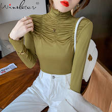Camiseta de estilo coreano para niña, Tops ajustados de cuello alto y drapeados para mujer, de manga larga Camiseta de algodón, camisetas T11706A 2021 2024 - compra barato