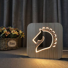 Cabeça de cavalo 3d lâmpada de madeira criativo led madeira oco escultura luz da noite para crianças aniversário presente natal brinquedos decoração do quarto 2024 - compre barato