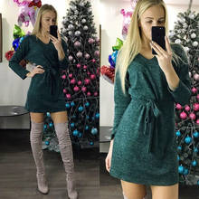 Women Vintage Sashes Christmas Party Mini Dress Long Sleeve Sexy V neck Solid A-line Casual Dress 2019 Winter New Fashion Dress 2024 - buy cheap