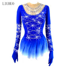 LIUHUO-vestido de patinaje artístico para mujer y niña, ropa de LICRA azul con diamantes, patinaje sobre hielo, Ballet, con guantes 2024 - compra barato