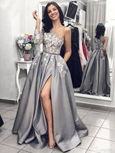 Grey Satin Evening Gown 2020 A-Line Sexy Split White Lace Long Prom Dresses with Pockets One Shoulder Long Sleeves Evening Dress 2024 - buy cheap
