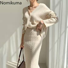 Nomikuma Korean Elegant Knitted Twisted 2pieces Sets Long Sleeve V-neck Sweater Coat + Slim High Waist Skirt Women Suits 6C771 2024 - buy cheap