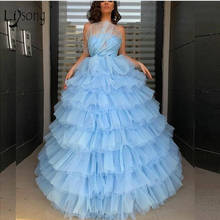 Fashion Puffy Sky Blue Ruffles Tulle Prom Dresses 2020 Off The Shoulder Tutu Ball Gowns Sequin Beaded Long Prom Gowns 2024 - buy cheap