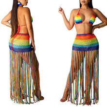 Conjunto de Bikini de punto para mujer, traje de baño de ganchillo hecho a mano, con borlas, falda larga para playa, Sarong, 2 piezas 2024 - compra barato