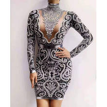 2019 Black Gray Rhinestones Pearls Long Sleeves Dress Sexy Spandex Women Singer Outfit Birthday Celebrate Evening Dress 2024 - buy cheap