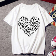 Camiseta estampada feminina harajuku, note musical, impressão gráfica, moderna, verão, casual, branca, manga curta 2024 - compre barato