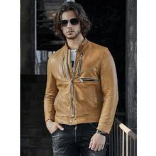 2019 New Mens Sheepskin Coat Motorcycle Leather Jacket Mens Short Autumn Leather Trench Coat 2024 - buy cheap
