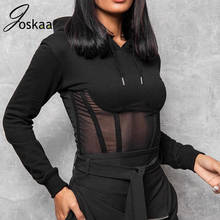 Joskaa autumn new  solid patchwork Hoodies Sexy Mesh sheer Perspective  Zipper skinny long sleeve women's sweatshirts 2024 - buy cheap