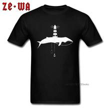 Tee Ocean Life Men Top Mens T-shirt Whale And Lighthouse T Shirt Novelty Designer Man Clothing Simple BW Tshirt Slim Fit 2024 - buy cheap