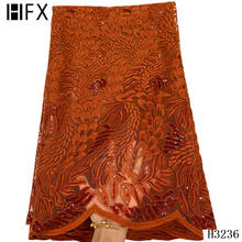 Hfx tecido de renda francesa cor laranja, rendas com lantejoulas, de alta qualidade, tule africano, tecido tradicional nigeriano h3236 2024 - compre barato